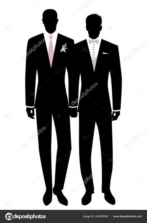 Queer Wedding Gay Groom Couple Newlyweds Silhouette Couple Men Wearing Stock Vector By