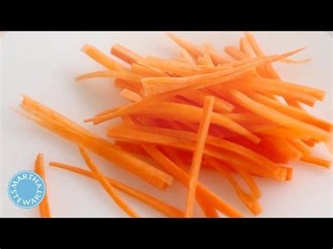 Julienne, allumette, or french cut, is a culinary knife cut in which the food item is cut into long thin strips, similar to matchsticks. How to Julienne Carrots with Martha Stewart | How to julienne carrots, Crockpot soup recipes ...