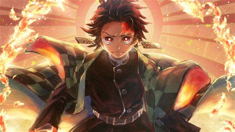 Demon Slayer Tanjirou Kamado With Red Eyes With Background Of Fire And