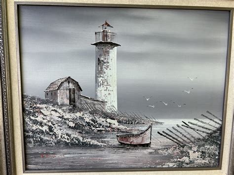 Everett Woodson Signed Original Canvas Lighthouse Boat Oil Painting Ebay