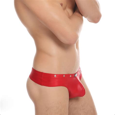 Sexy Mens Faux Leather Contoured Pouch Thong For Stage Night Club