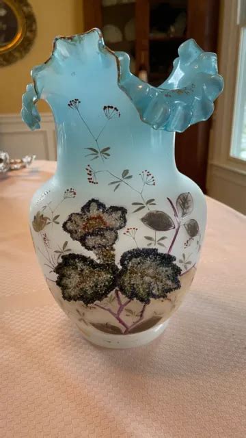 Antique Victorian Bristol Glass Blue Vase Hand Blown Painted Floral Ruffled Top 60 00 Picclick