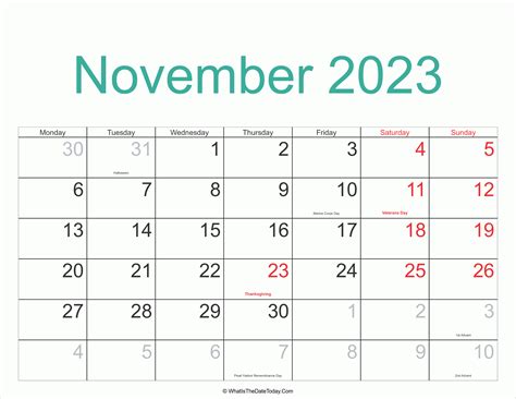 November 2023 Calendar Printable With Holidays Whatisthedatetodaycom