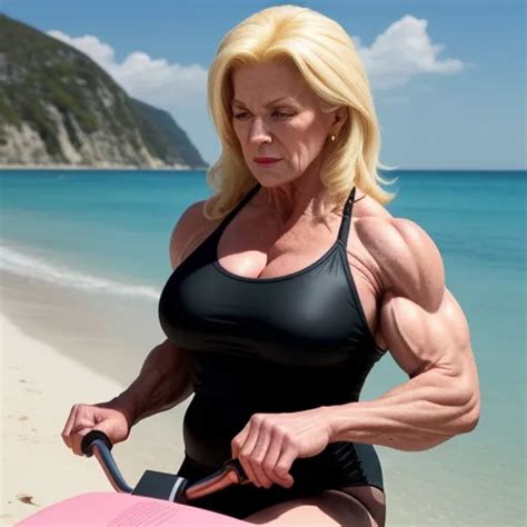 Ai Photo Manipulation Gilf Huge Older Muscle Woman In Black Bikini