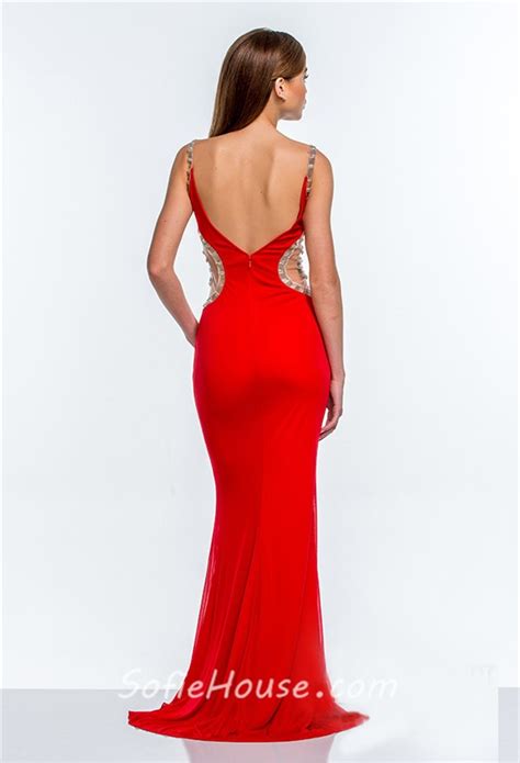 Mermaid Sheer Illusion Neckline Open Back Long Red Evening Prom Dress