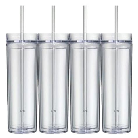 16 Oz Clear Skinny Acrylic Tumbler Double Wall 4 Pack