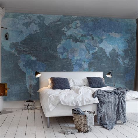 World Map Wallpaper Mural 405x270cm Blue Achica For The Master