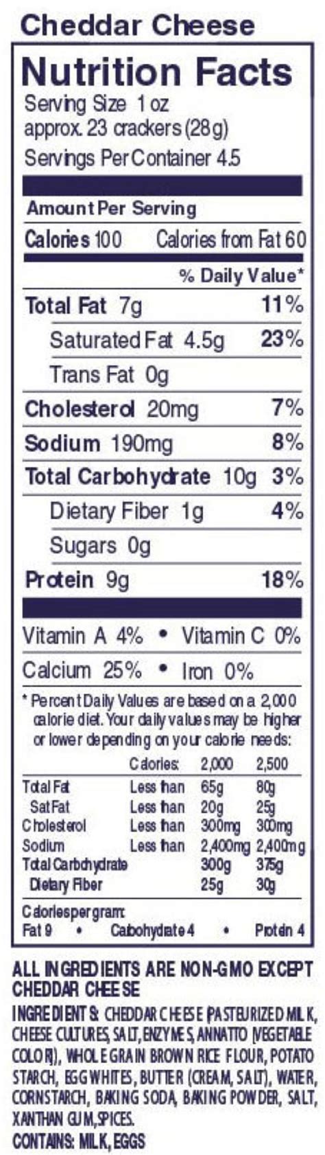 Cheddar Cheese Nutrition Facts Label