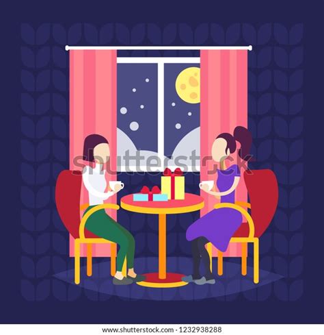 Women Couple Drinking Coffee Living Room Stock Vector Royalty Free