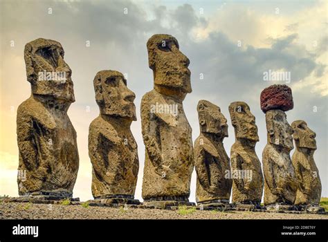 Moai Sculptures At Ahu Tongariki On Easter Island Chile Stock Photo