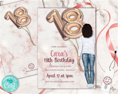 18th birthday rose gold marble invitation template brunette foil balloon editable birthday