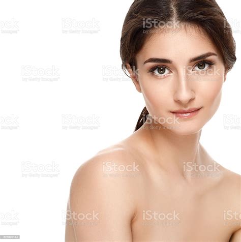Beautiful Face Of Young Woman With Perfect Skin Isolated White Stock