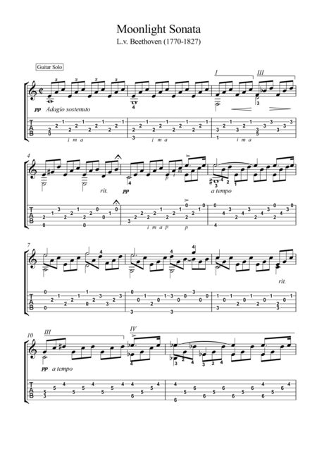 Moonlight Sonata Classical Guitar Solo With Tablature Arr