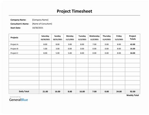 Project Timesheet In Excel Simple