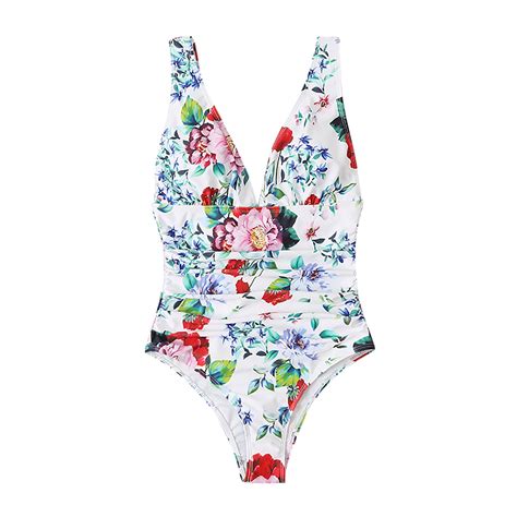 Vsssj Swimsuit For Women Floral Printed Deep V Neck Backless Bikini Set Ruched Tummy Control