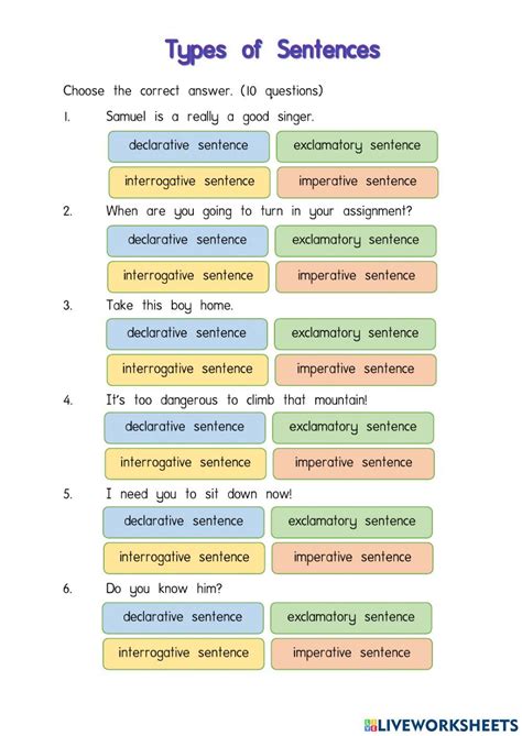 The Types Of Sentences Worksheet