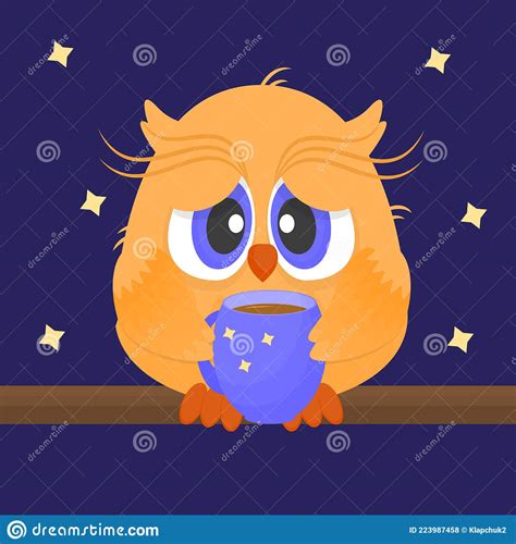Funny Cute Sleepy Owl With A Cup Of Coffee Stock Vector Illustration