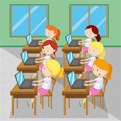 Six Girls Typing On Computers 366786 Vector Art At Vecteezy
