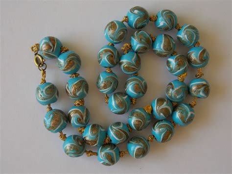 Gorgeous Vintage Murano Glass Bead Necklace Turquoise With Gold