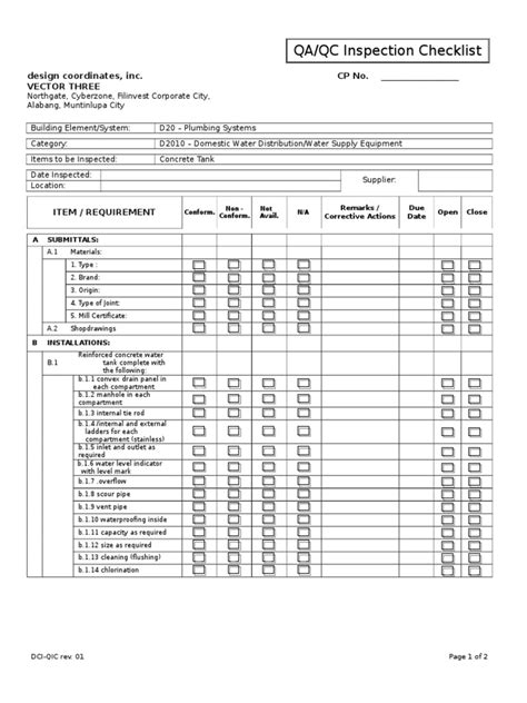 Qaqc Inspection Checklist Design Coordinates Inc Cp No