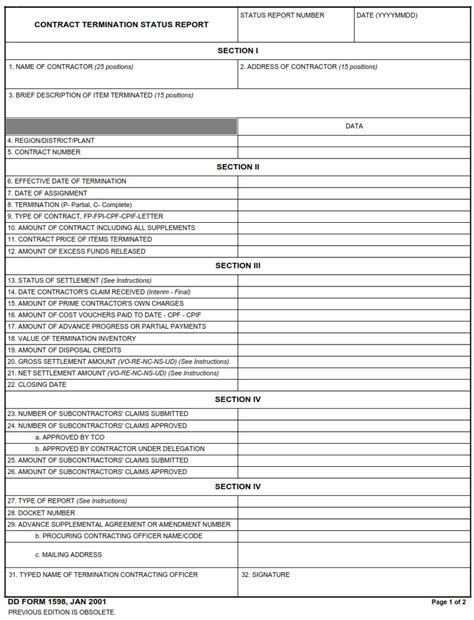 Dd Form 1598 Contract Termination Status Report Dd Forms