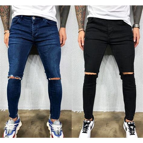 Calca Jeans Masculina Slim Skinny Preta Azul Marinho Destroyed Rasgada