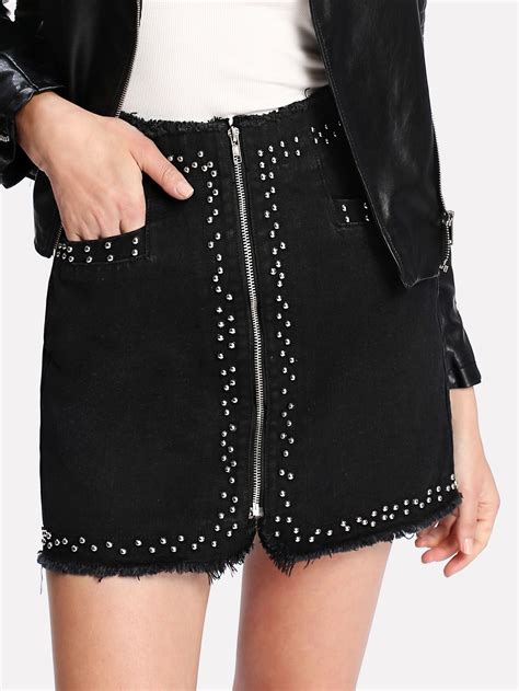 Shop Zip Up Raw Edge Studded Denim Skirt Online Shein Offers Zip Up