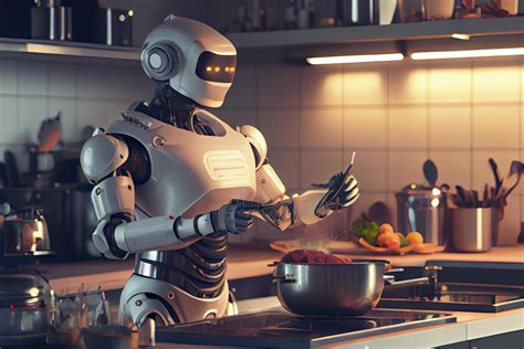Robot Chef Cooking In Kitchen Of Future Home Genius Smart Robot