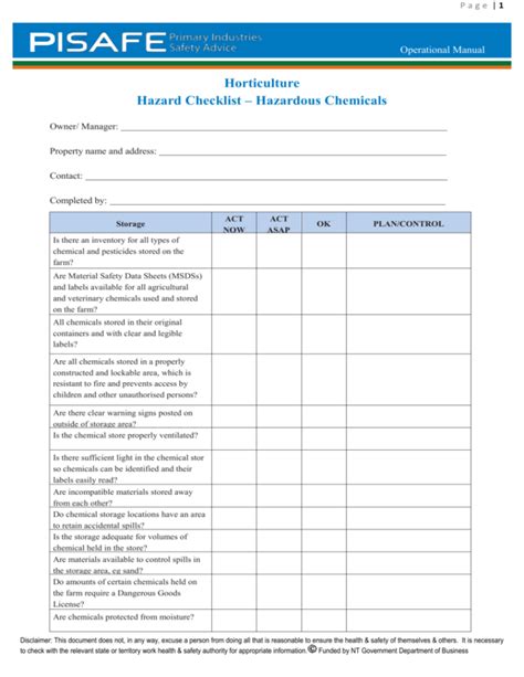 Horticulture Hazardous Chemical Checklist