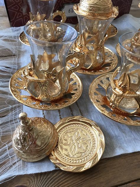 Turkish Tea Set Imperial Cups Saucers Dishes Ibrik Spoons Glass Brass