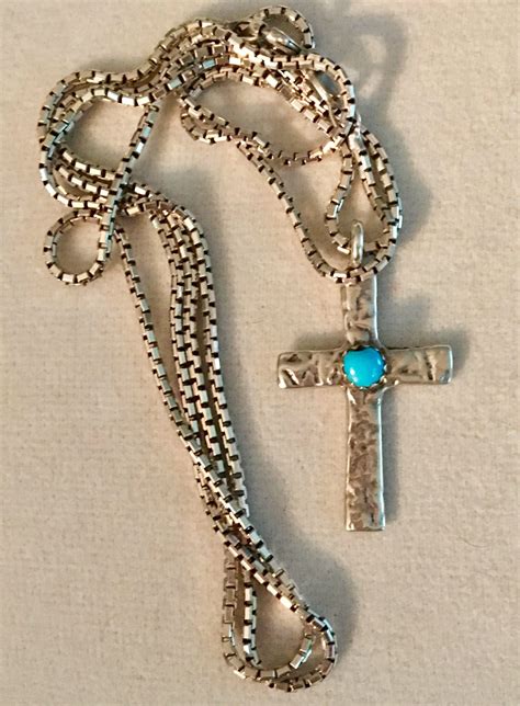 Vintage Sterling Silver Cross With Turquoise Center On Long Etsy