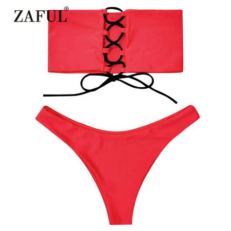 zaful women s swimsuit lace up strapless bandeau bikini set strapless unlined swimwear sexy