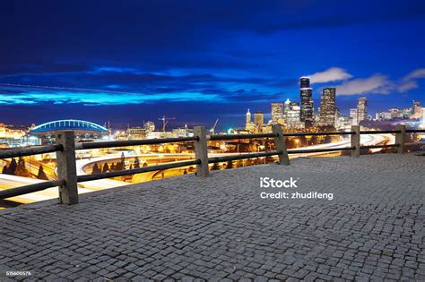 Empty Marble Floor With Cityscape And Skyline Of Seattle Stock Photo