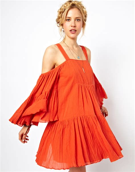Lyst Asos Summer Dress With Cold Shoulder In Cheesecloth In Orange