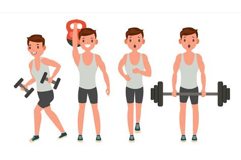 Fitness Man Vector Different Poses Work Out Active Fitness Flat