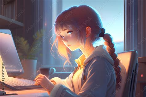 Lofi Anime Girl Is Programming At A Computer Cozy Dramatic Lighting