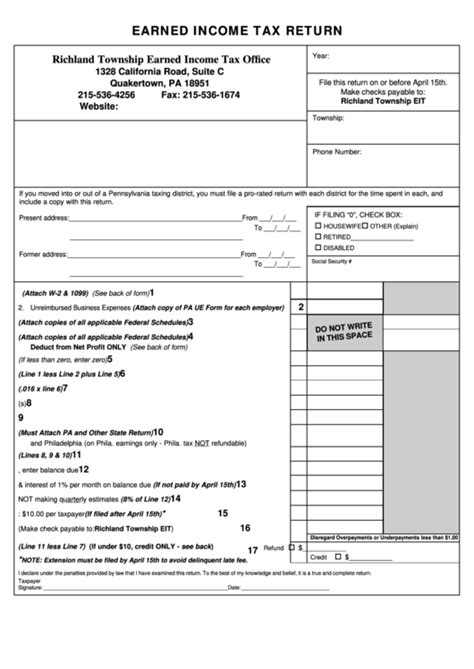 Earned Income Tax Return Form Printable Pdf Download