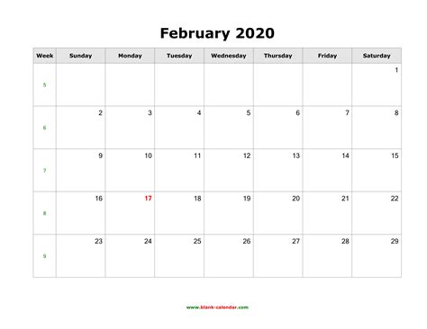 Download February 2020 Blank Calendar Horizontal