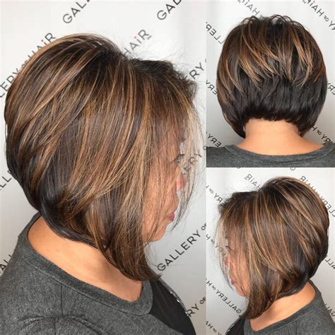 Brunette Stacked Angled Bob With Caramel Highlights The Latest Hairstyles For Men And Women
