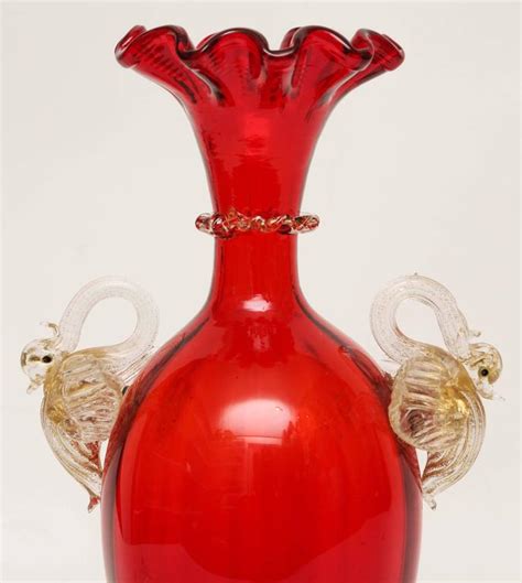 Stunning Red Venetian Vase With Double Swan Handles 24 Karat Gold Inclusion For Sale At 1stdibs
