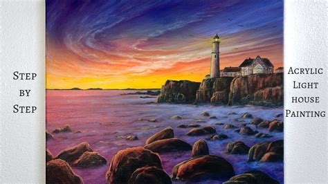 Sunset Lighthouse Step By Step Acrylic Painting Colorbyfeliks