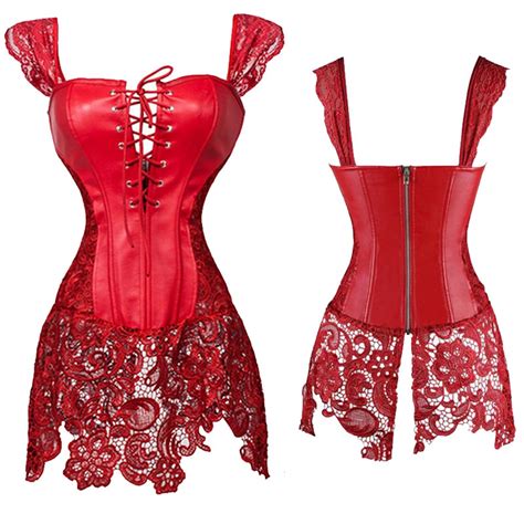 women sexy faux leather corset bustier mini dress with floral lace mini bandage skirt fetish