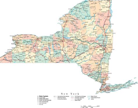 New York State Digital Vector Map With Counties Major Cities Roads