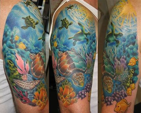 Natural Looking Wonderful Colored Underwater Turtles Half Sleeve Tattoo