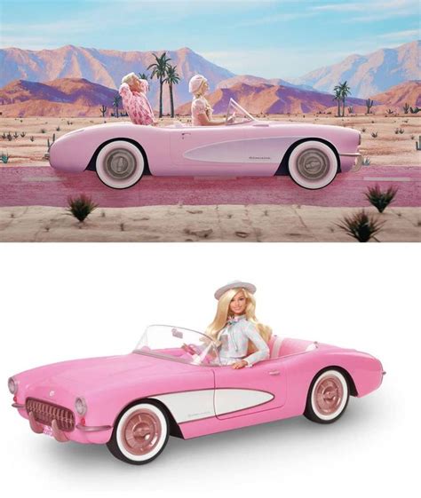 Two Barbie Dolls Are Riding In A Pink Car