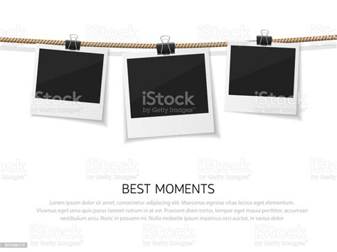 Enjoy Every Moment Set Of Vector Polaroid Photo Hanged On Rope