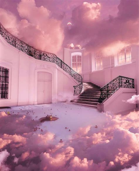 An Artistic Image Of Stairs Leading Up To A Building In The Sky With