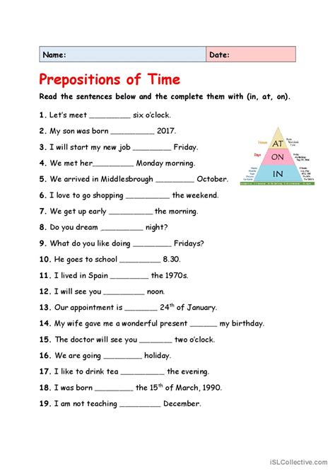 Prepositions Of Time In On At English Esl Worksheets Pdf Doc