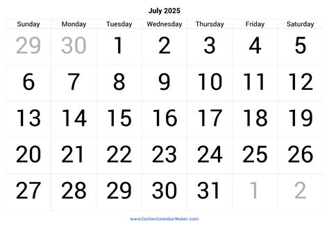 July 2025 Calendar Printable With Large Numbers