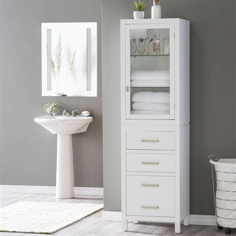 Tall Bathroom Storage Towel Cabinet Linen Tower Glass Door 3 Drawer